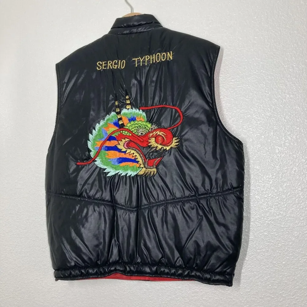 Sergio Valente Vest Mens Large Black Puffer Quilted Dragon Back Embroidered